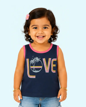 BloomUp Navy Blue Love Graphic Sleeveless Top for Girls – Soft Cotton Summer Wear Kids Tank Top