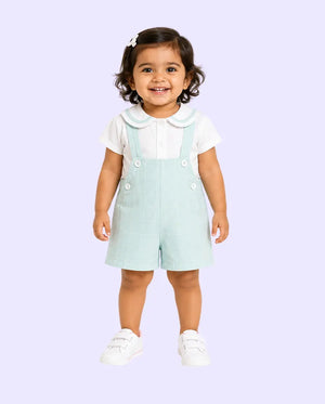BloomUp Baby Girls Mint Green Dungaree Shorts Set with Peter Pan Collar Shirt