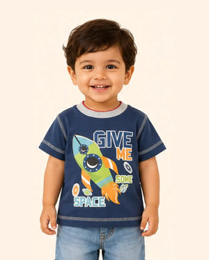 BloomUp Navy Blue Space Rocket Graphic Kids T-Shirt – Soft Cotton Fun Summer Wear for Boys