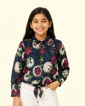 Girls Floral Printed Denim Shirt – Soft Cotton Full Sleeve Casual Kids Wear Top BloomUp