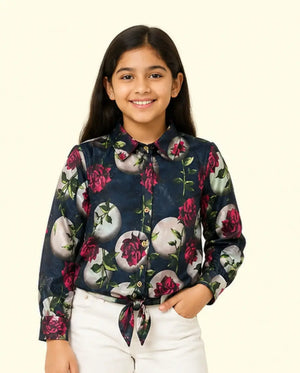 BloomUp Girls Floral Printed Denim Shirt – Soft Cotton Full Sleeve Casual Kids Wear Top
