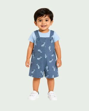 BloomUp Baby Dusty Blue Whale Print Dungaree Romper Set with T-Shirt