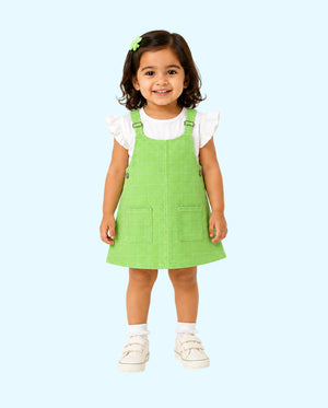Baby Girls Lime Green Pinafore Dress Set with White Full Sleeve Top BloomUp