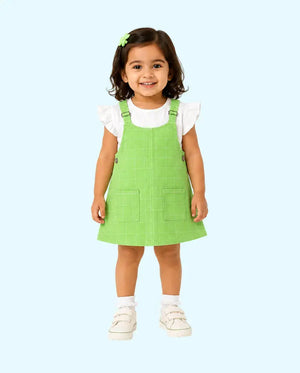 BloomUp Baby Girls Lime Green Pinafore Dress Set with White Full Sleeve Top