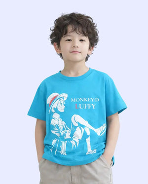 BloomUp Blue Anime Graphic Kids T-Shirt – Monkey Character Print Cotton Summer Wear for Boys