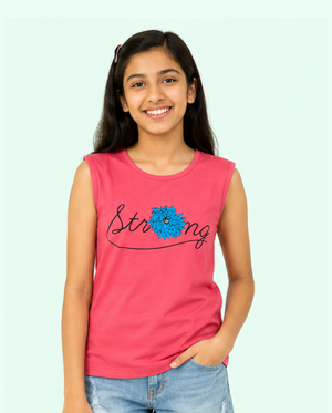 Pink Strong Floral Graphic Sleeveless Top for Girls – Soft Cotton Summer Wear Kids Tank Top BloomUp