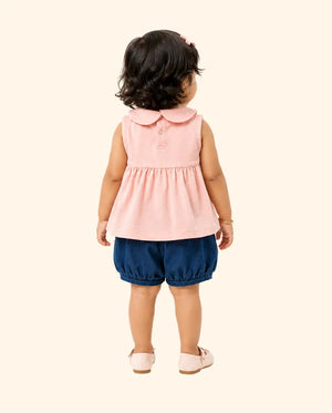 BloomUp Peach Smocked Top & Denim Shorts Kids Co-ord Set – Soft Cotton Summer Outfit for Girls