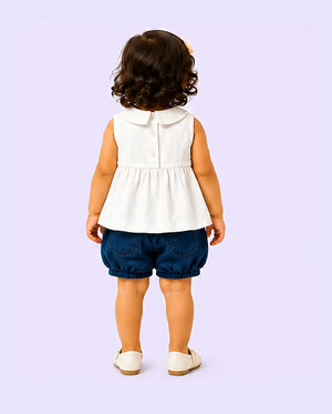 BloomUp White Smocked Top & Denim Shorts Kids Co-ord Set – Soft Cotton Summer Outfit for Girls