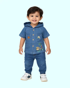 Bloomup Kids Denim Hoodie Set - Embroidered Button-Up Shirt and Elastic Waist Pants Bloom Up