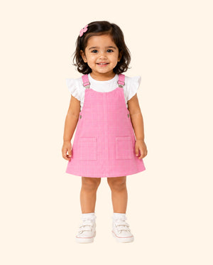 Baby Girls Pink Checkered Pinafore Dress Set with Ruffle Sleeve Top BloomUp