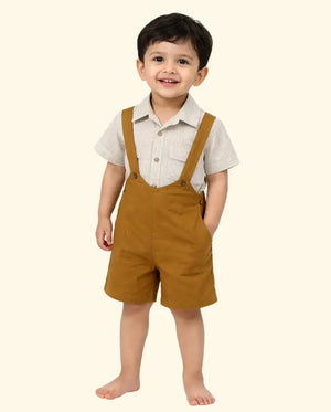 BloomUp Toffee Suspender Shorts with Striped Shirt Kids Co-ord Set – Soft Cotton Summer Outfit for Boys