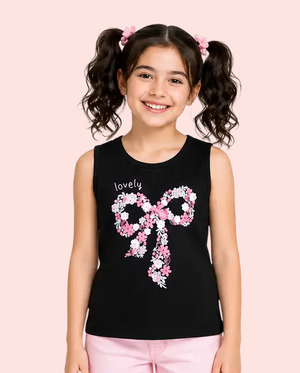 Black Lovely Floral Bow Sleeveless Top for Girls – Soft Cotton Summer Wear Kids Tank Top BloomUp