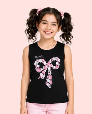 BloomUp Black Lovely Floral Bow Sleeveless Top for Girls – Soft Cotton Summer Wear Kids Tank Top
