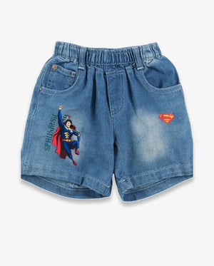 Spark Kids Superhero Print Denim Shorts | Blue Cotton Elastic Waist Casual Shorts for Boys Spark