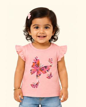Pink Butterfly Print Kids T-Shirt – Soft Cotton Ruffle Sleeve Summer Wear for Girls BloomUp