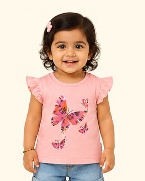 BloomUp Pink Butterfly Print Kids T-Shirt – Soft Cotton Ruffle Sleeve Summer Wear for Girls