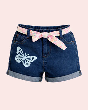 Bloomup BUG-8332 Baby Girls Denim Shorts with Floral Belt & Butterfly Print Bloom Up