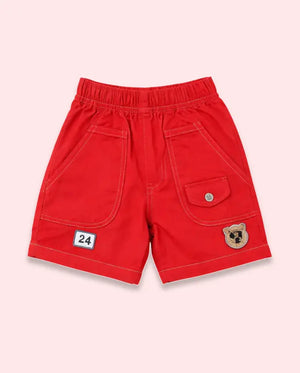 Spark Kids Red Cotton Cargo Shorts with Bear Patch | Comfortable Casual Summer Shorts for Boys Spark