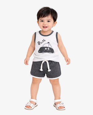 Grey Car Print Sleeveless Kids Co-ord Set – Soft Cotton Summer Wear for Boys BloomUp