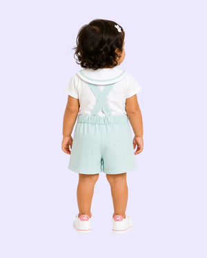 BloomUp Baby Girls Mint Green Dungaree Shorts Set with Peter Pan Collar Shirt