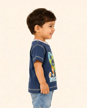 BloomUp Navy Blue Space Rocket Graphic Kids T-Shirt – Soft Cotton Fun Summer Wear for Boys