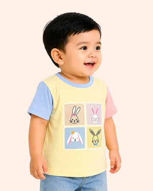 Butter Yellow Cartoon Graphic Kids T-Shirt – Soft Cotton Multi-Color Sleeve Summer Wear for Girls BloomUp