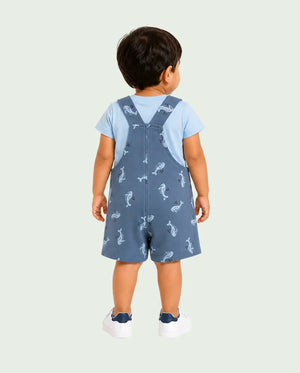 BloomUp Baby Dusty Blue Whale Print Dungaree Romper Set with T-Shirt
