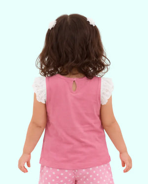 BloomUp Pink “Love” Graphic Sleeveless Kids T-Shirt – Soft Cotton Lace Shoulder Summer Wear for Girls
