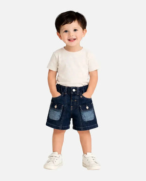 BloomUp Kids Dark Blue Denim Cargo Shorts with Elastic Waist