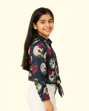 BloomUp Girls Floral Printed Denim Shirt – Soft Cotton Full Sleeve Casual Kids Wear Top