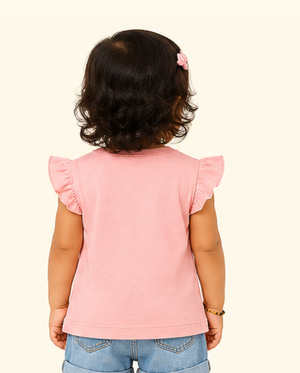 Pink Butterfly Print Kids T-Shirt – Soft Cotton Ruffle Sleeve Summer Wear for Girls BloomUp