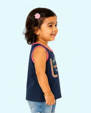 BloomUp Navy Blue Love Graphic Sleeveless Top for Girls – Soft Cotton Summer Wear Kids Tank Top