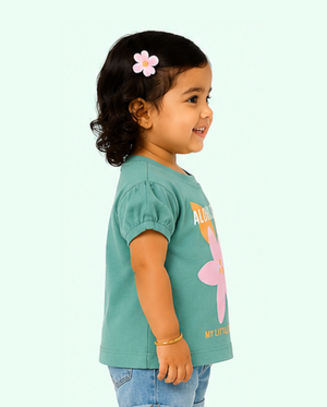 Green Aloha Fun Floral Kids T-Shirt – Soft Cotton Summer Wear Girls Casual Top BloomUp