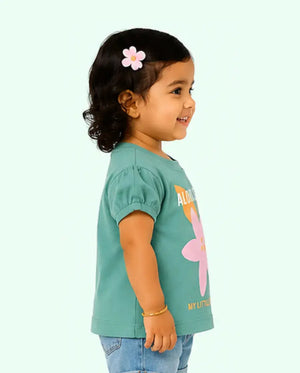 BloomUp Green Aloha Fun Floral Kids T-Shirt – Soft Cotton Summer Wear Girls Casual Top