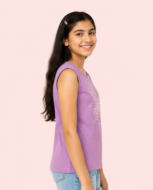 Lavender Floral Butterfly Graphic Sleeveless Top for Girls – Soft Cotton Summer Wear Kids Tank Top BloomUp