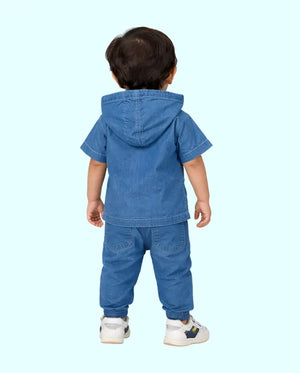 Bloomup Kids Denim Hoodie Set - Embroidered Button-Up Shirt and Elastic Waist Pants Bloom Up