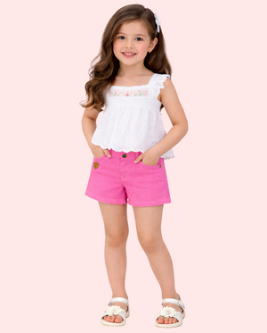 Girls Solid Pink Denim Shorts with Button Closure BloomUp