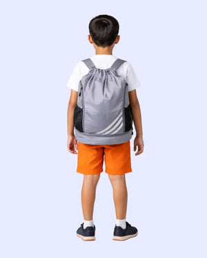 Bloomup Kids Grey Sports Backpack – Lightweight Drawstring Bag with Multiple Compartments & Bottle Pockets Bloom Up