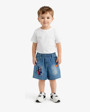 Spark Kids Superhero Print Denim Shorts | Blue Cotton Elastic Waist Casual Shorts for Boys Spark