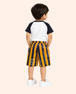 White Graphic T-Shirt & Mustard Striped Shorts Co-ord Set for Boys – Soft Cotton Summer Kids Outfit BloomUp