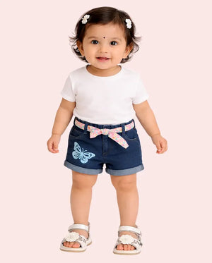 Bloomup BUG-8332 Baby Girls Denim Shorts with Floral Belt & Butterfly Print Bloom Up