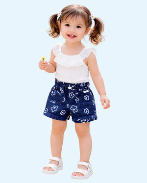 Bloomup Baby Girl Navy Blue Floral Print Shorts with Elastic Waistband Bloom Up