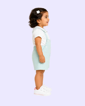BloomUp Baby Girls Mint Green Dungaree Shorts Set with Peter Pan Collar Shirt