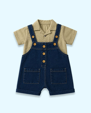 Baby Denim Dungaree Shorts Set with Pistachio Polo T-Shirt BloomUp