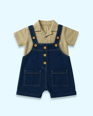 BloomUp Baby Denim Dungaree Shorts Set with Pistachio Polo T-Shirt