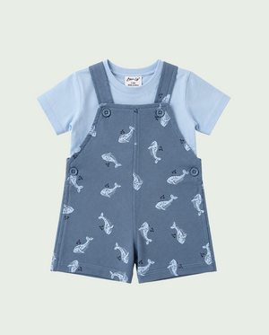 Baby Dusty Blue Whale Print Dungaree Romper Set with T-Shirt BloomUp