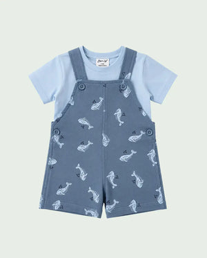 BloomUp Baby Dusty Blue Whale Print Dungaree Romper Set with T-Shirt