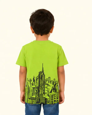 BloomUp Green Front & Back Graphic Kids T-Shirt – City Print Cotton Summer Wear for Boys