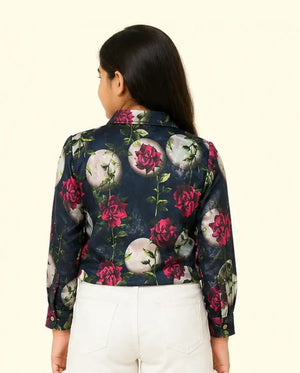BloomUp Girls Floral Printed Denim Shirt – Soft Cotton Full Sleeve Casual Kids Wear Top