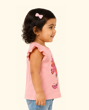 Pink Butterfly Print Kids T-Shirt – Soft Cotton Ruffle Sleeve Summer Wear for Girls BloomUp